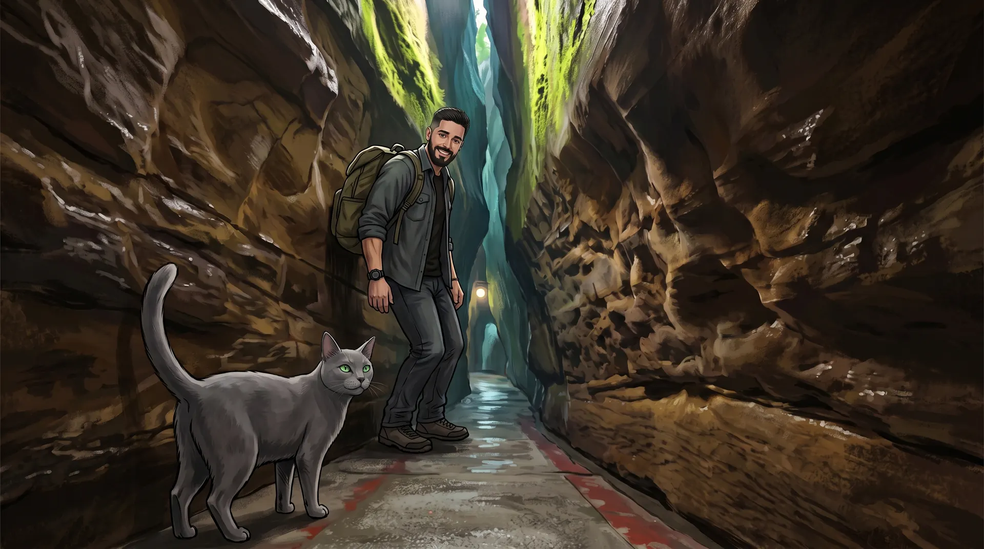 Franz squeezing through the narrow rock passage of Xiandong Cave in Keelung, Ludwig the grey cat stepping out in front