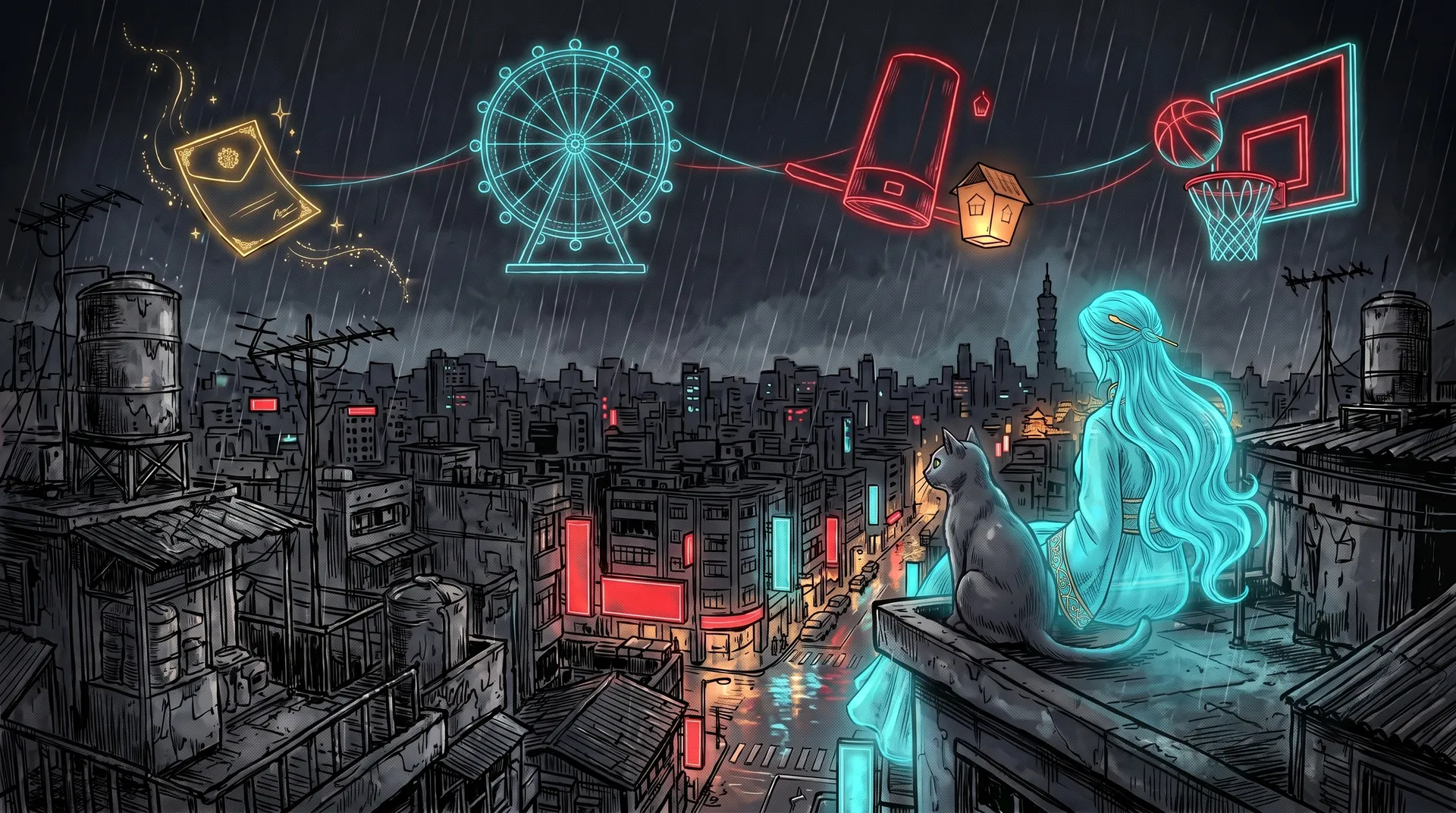 Ludwig and Christine seen from behind on a Taipei rooftop at night, four neon drawings of the I series glowing in the sky